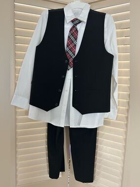 Classic Black kid’s Waistcoat Suit Vest with White Shirt & Plaid Tie